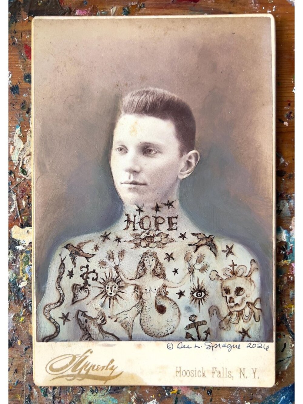 HOPE Tattooed Sailor Altered Art Victorian Cabinet Card Photo Painting by Dee Sp